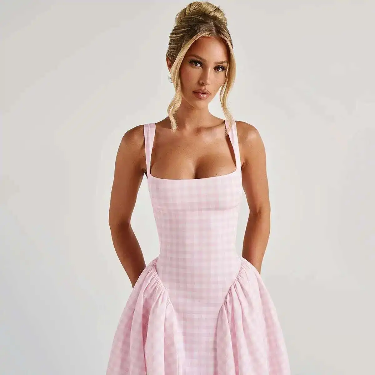 Plaid Printed Spaghetti Strap Sexy A-line Dress - Image 47