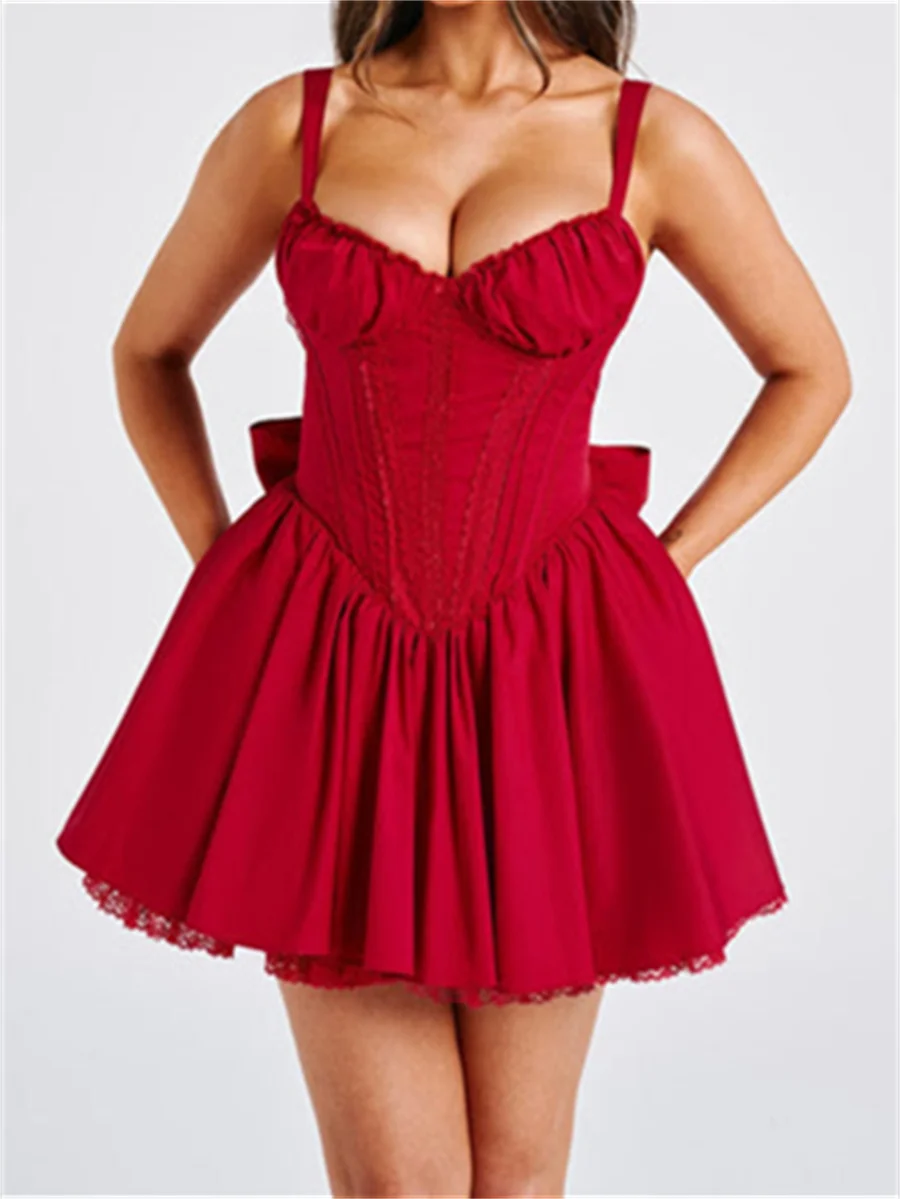 Bustier Corset Mini Dress Lace Trim Big Bow Tie Up Aline Ruffle Sundress White Graduation Party Dress Streetwear - Image 16
