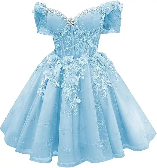 Robe de bal courte Celestia à corset et épaules dénudées, ornée de perles et de dentelle - Image 13