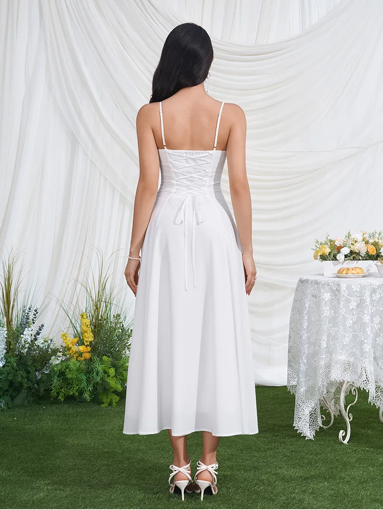 White Corset Wedding Midi Dress Elegant Summer Spaghetti Strap A-Line Bridal - Image 2