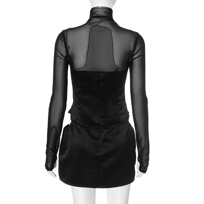 Robe Mesh Long Sleeve Mini Dress Party Evening Club Outfits Sexy Cut Out Corset Bodycon Dresses - Image 6
