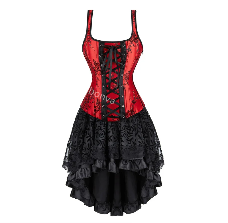 Red Corset Dress Women Skrit Set Shoulder Strap Lace Costume Party Sexy Burlesque Halloween Basques Outfit Plus Size Black - Image 10