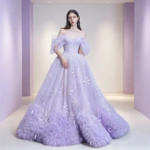 Lavender Gradient Tulle Ball Gown Off Shoulder Sweetheart Corset Bodice Glitter Floral Appliques Feather Ruffle Hem Princess