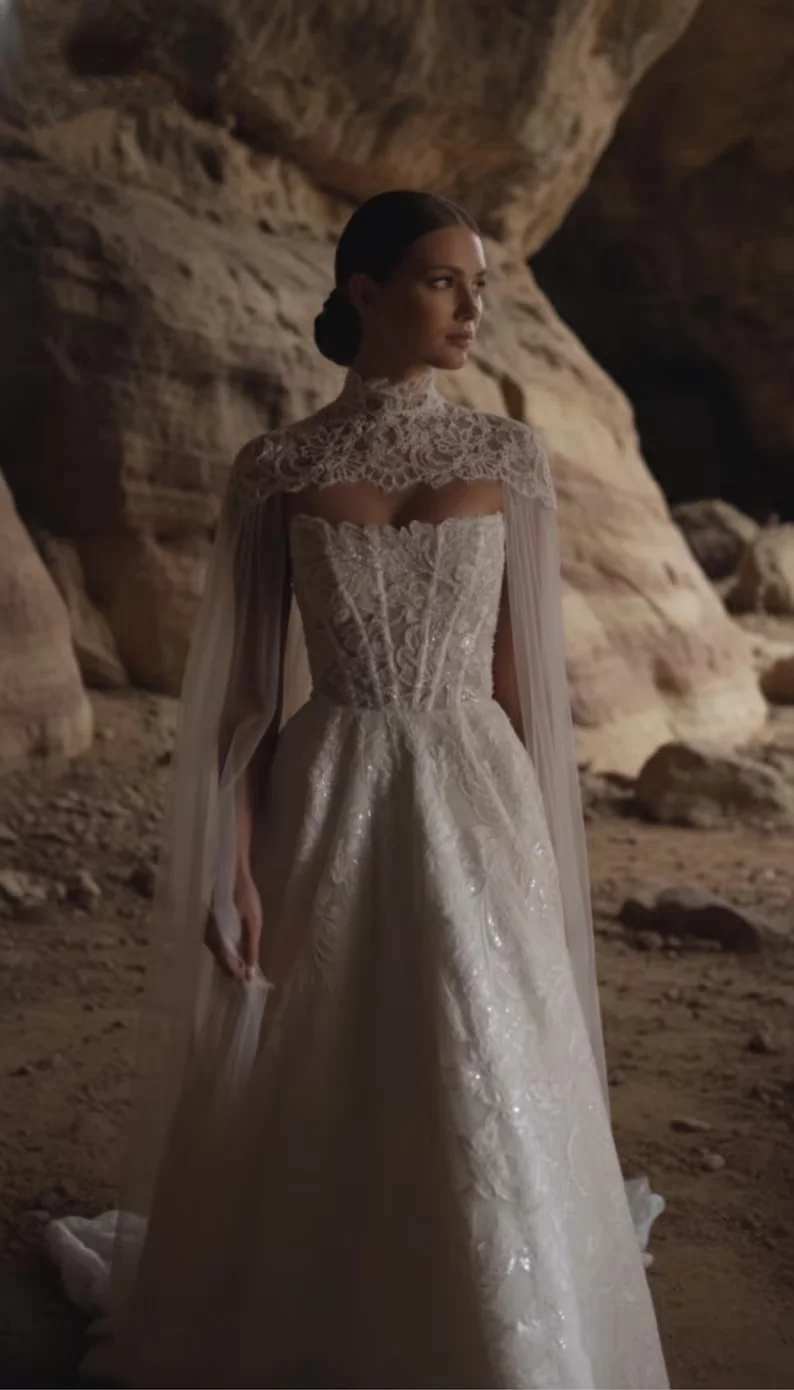 Gorgeous Lace High Neck Wedding Dress with Detachable Cloak A-Line Silhouette Floor-Length Tulle Bride Gown with Cap Sleeves - Image 2