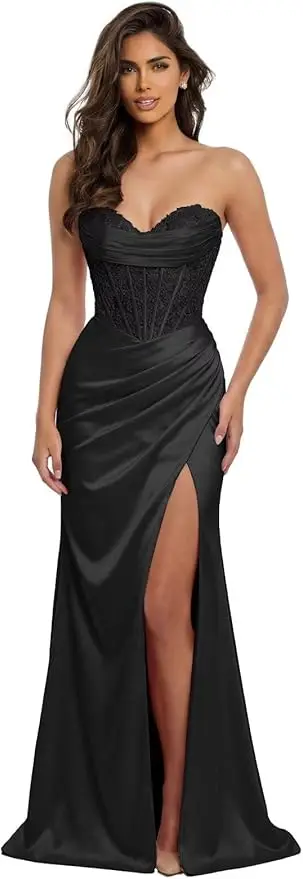 Pink Mermaid Prom Dresses Sweetheart Lace Strapless High Side Slit Formal Evening Party Gowns Corset - Image 5