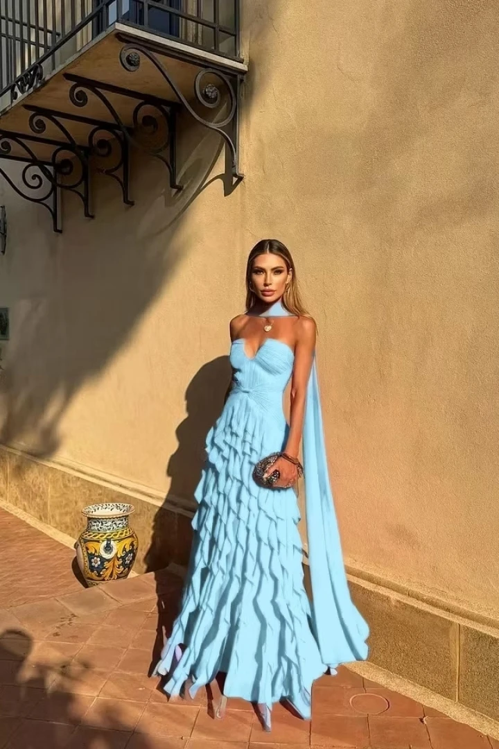 Long Train Evening Gown Sweetheart Multi Layer Ruffle Chiffon Maxi Dress Sexy Backless Flowing Ribbon Prom Dress - Image 23