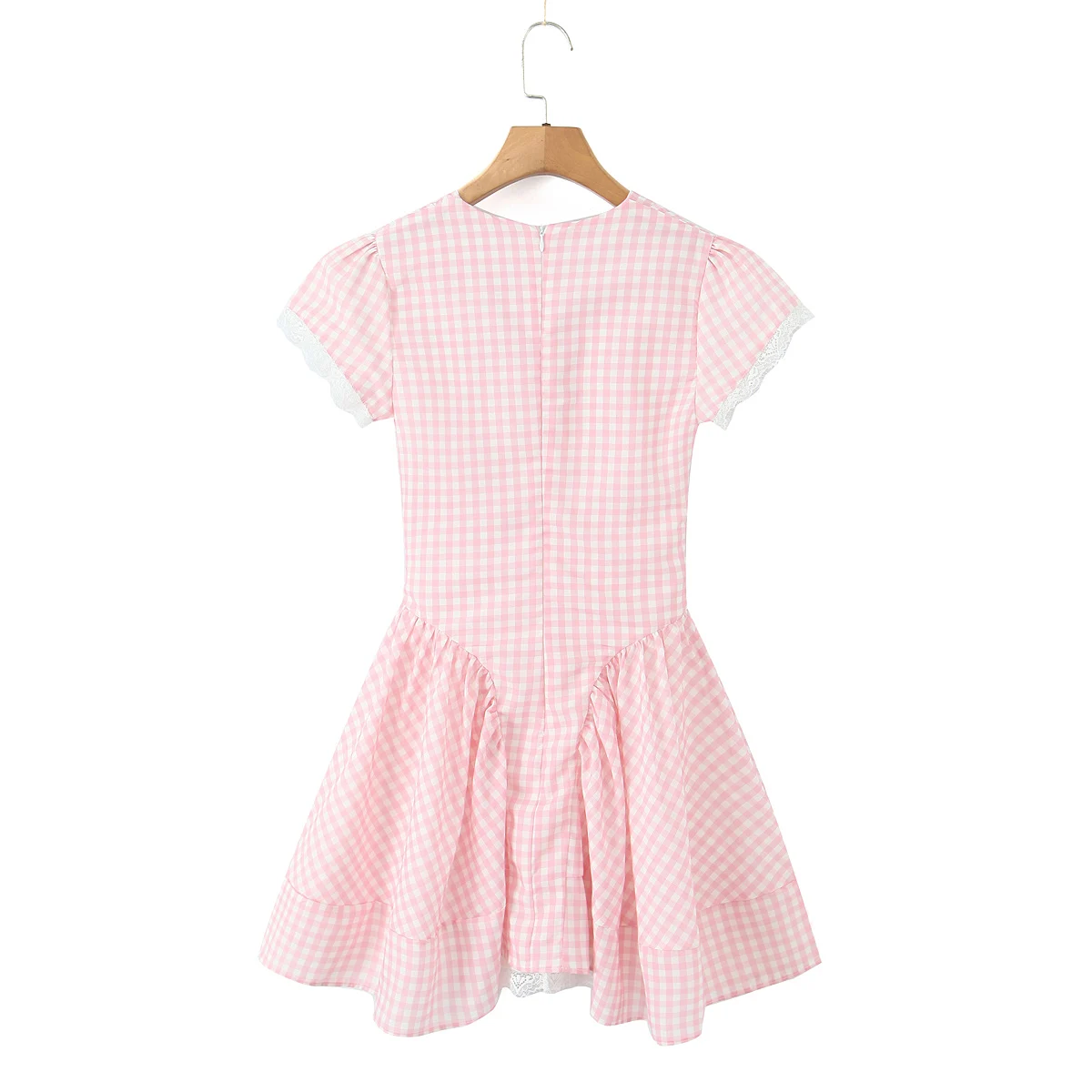Pink Plaid Spliced White Lace Corset Style Mini Dress Women V Collar Short Sleeve Low Waist Ball Gown Swing Party Robe - Image 18