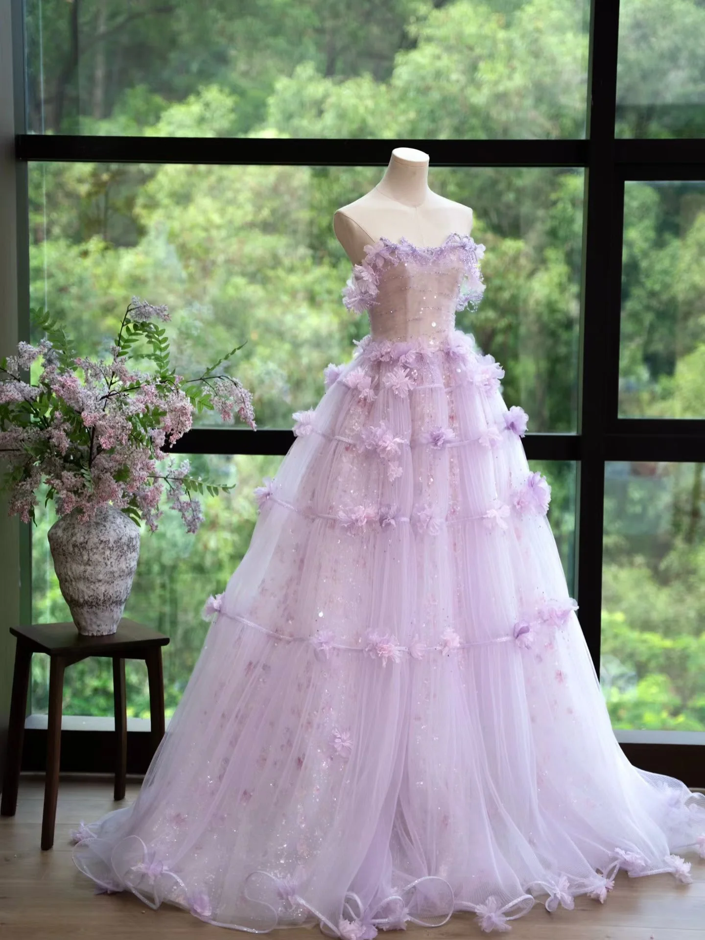 Lilac Sheer Glitter Tulle Ball Gown Strapless Sweetheart Corset Bodice Floral Tiered Ruffle Floor Length Princess Wedding Dre - Image 5