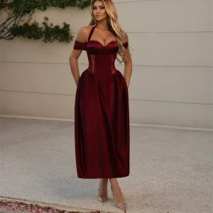 Burgundy Halter Evening Dress Off Shoulder  Lace Prom Dresses Corset Vestidos De Noche A Line Formal Evening