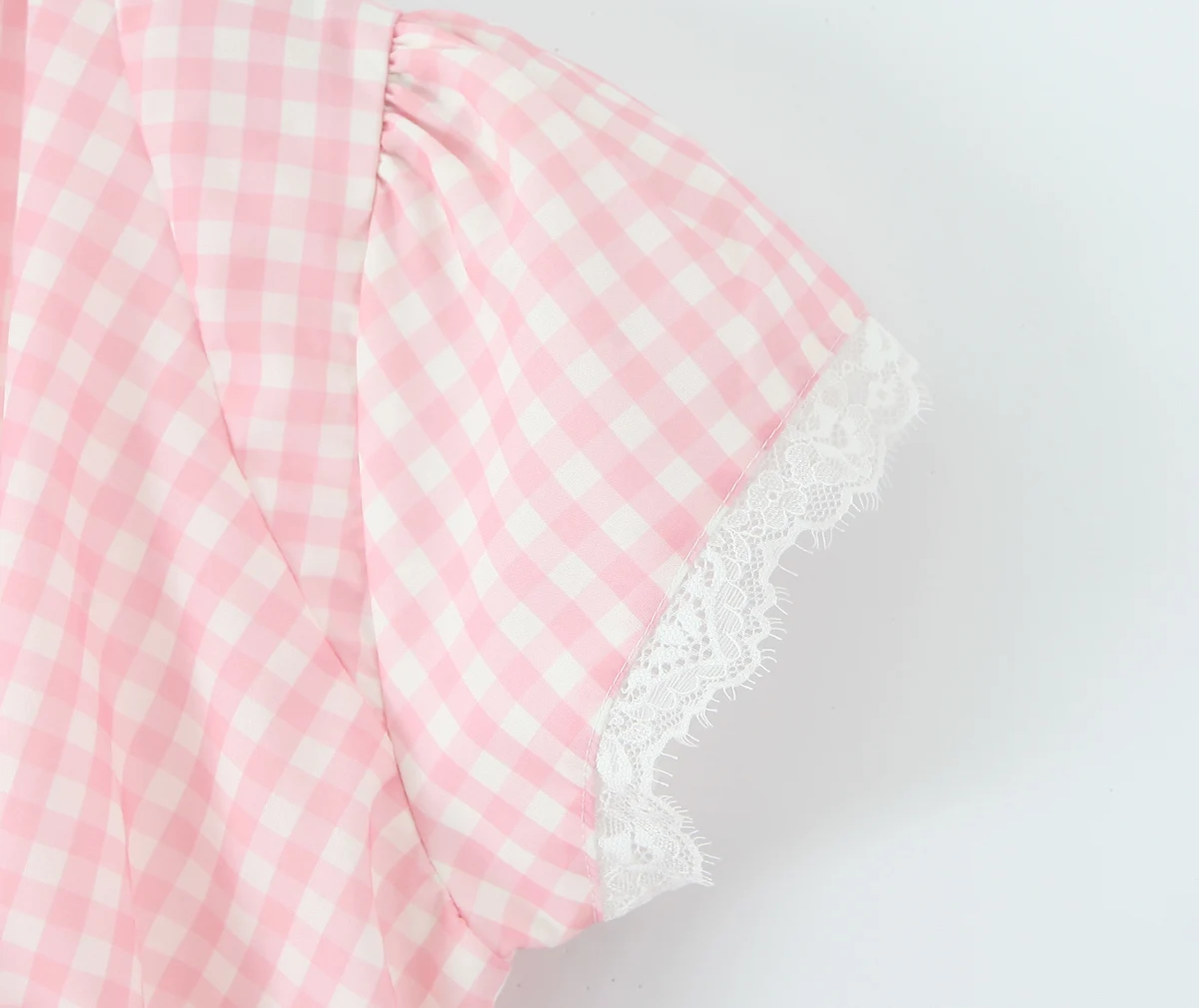 Pink Plaid Spliced White Lace Corset Style Mini Dress Women V Collar Short Sleeve Low Waist Ball Gown Swing Party Robe - Image 10