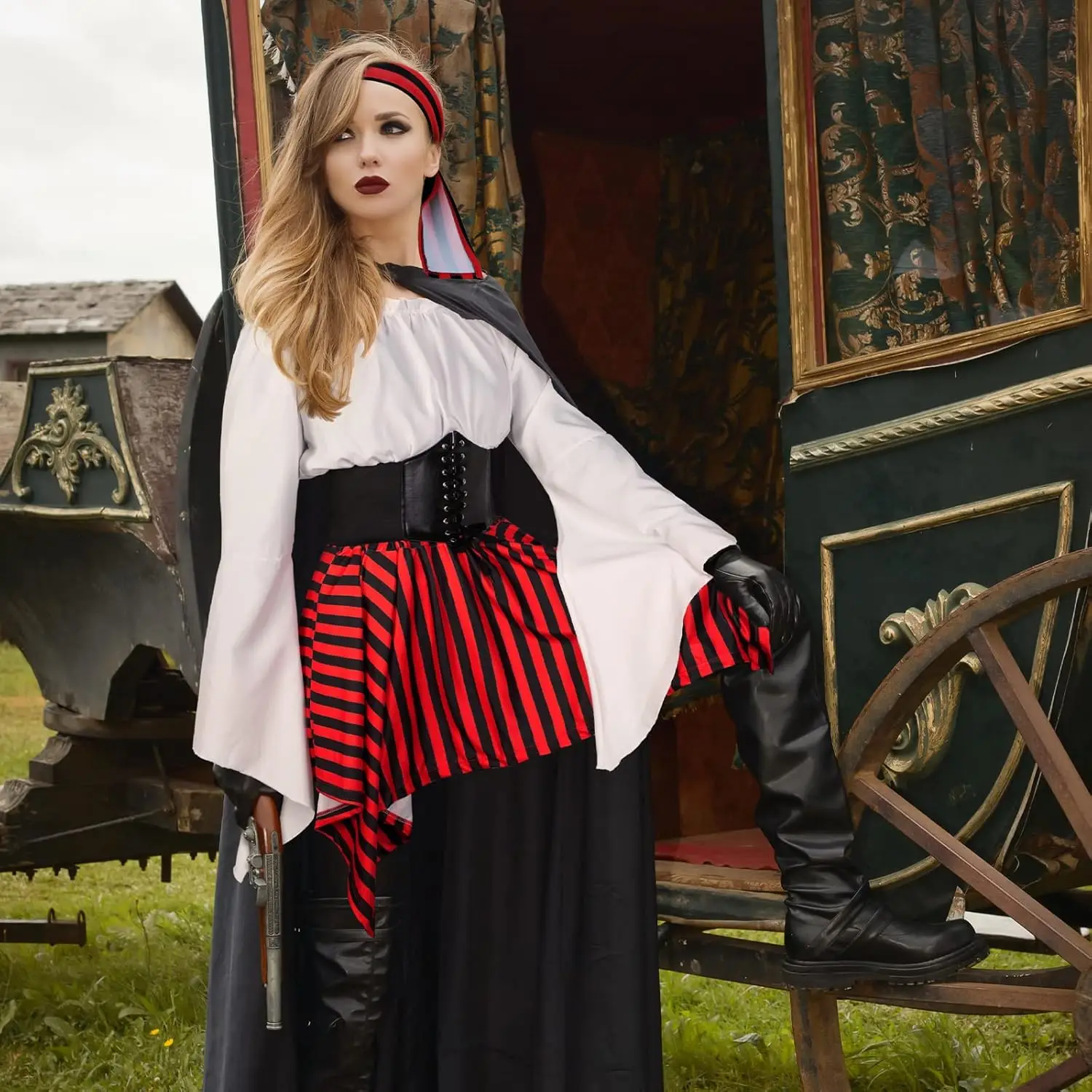 Halloween Womens Pirate Costume Renaissance Pirate Blouse Tops Corset Waist Belt Pirate Skirt for Halloween Party 4 Pcs - Image 3