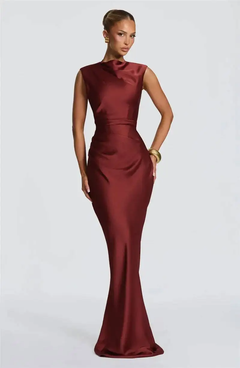 Satin Cowl Neck Mermaid Maxi Dress Women Elegant Sleeveless Draped Ruched Bodycon Long Evening Party Gown Vestidos - Image 8