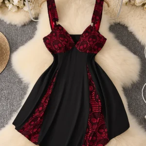 A New Plus-Size Women's Strappy Dress With a Skull, Gothic Punk Style and Lace Patchwork Strappy Dress