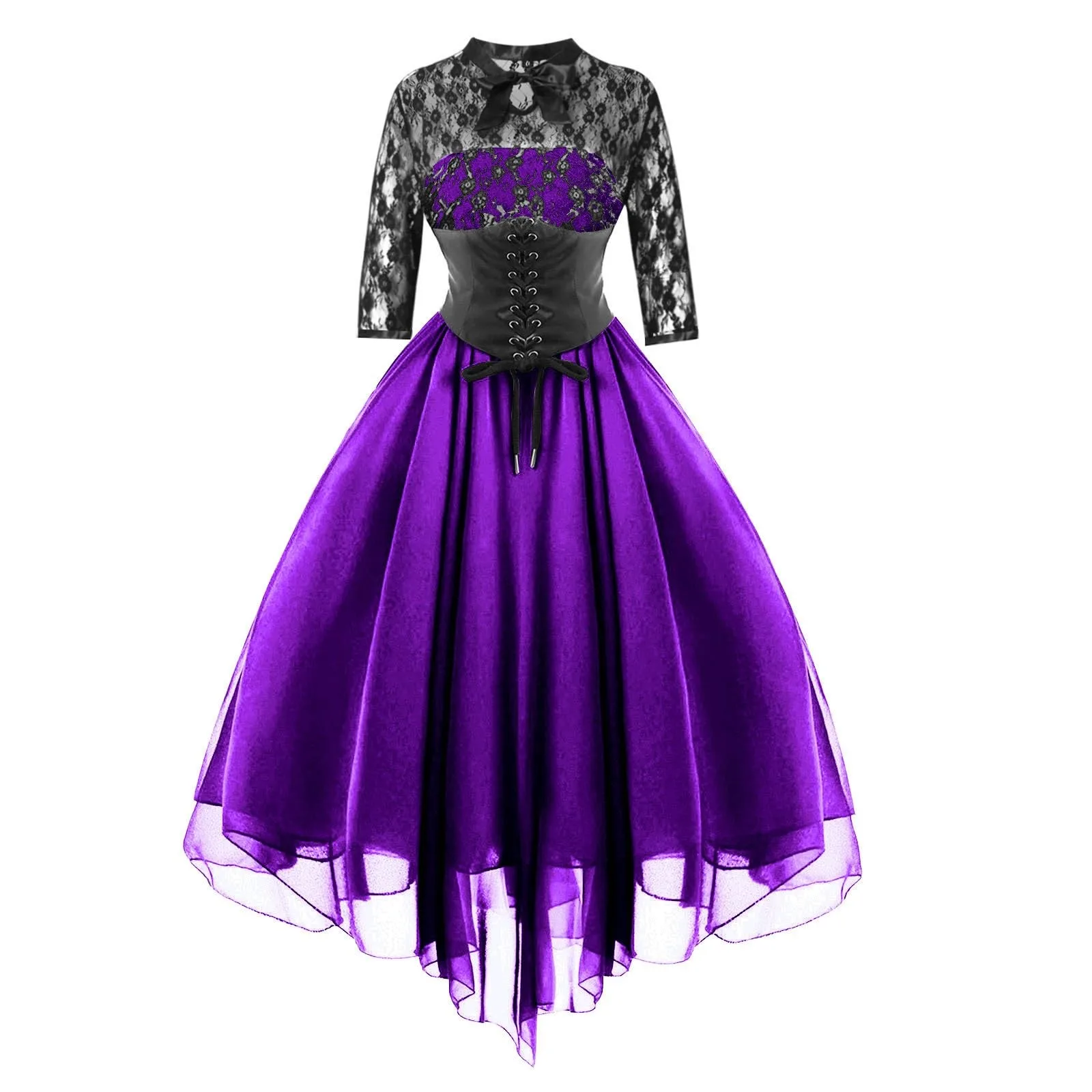 Women's Gothic Dress Sexy Lace Patchwork Half Sleeve Mesh High Waist Party Dresses Retro Lace Up Swing Cocktail Dress Ball Gown - Image 2