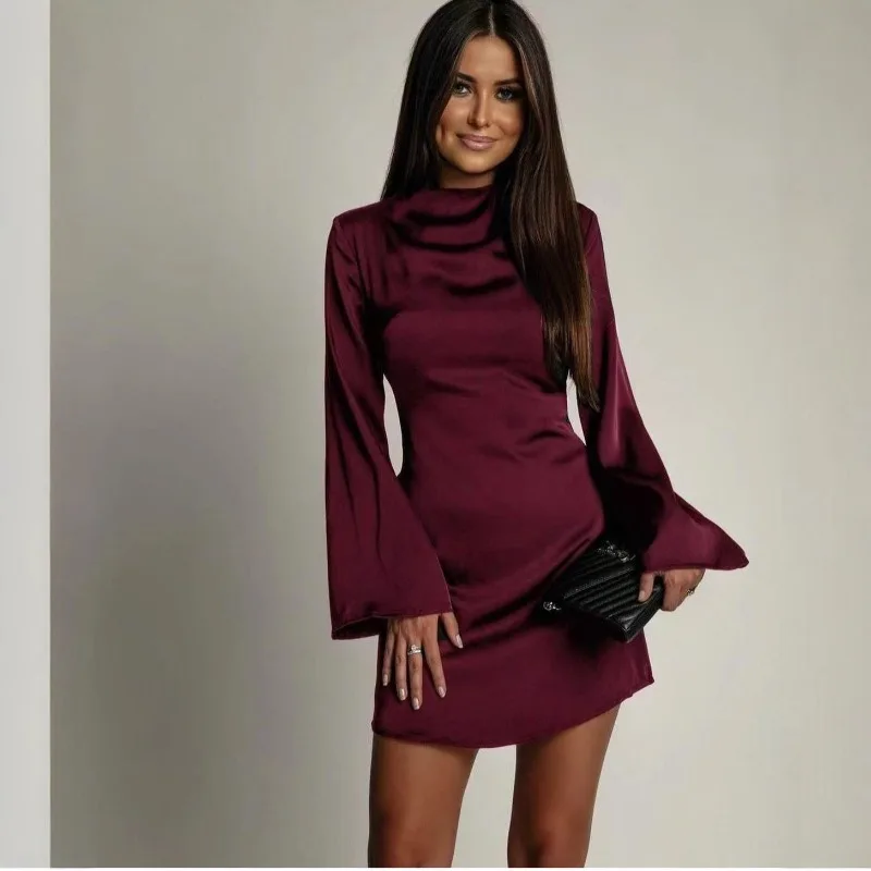 Satin Dress Sexy Long Flare Sleeve Corset Backless Cocktail Guest A-line Mini Dress Socialite Gown - Image 3
