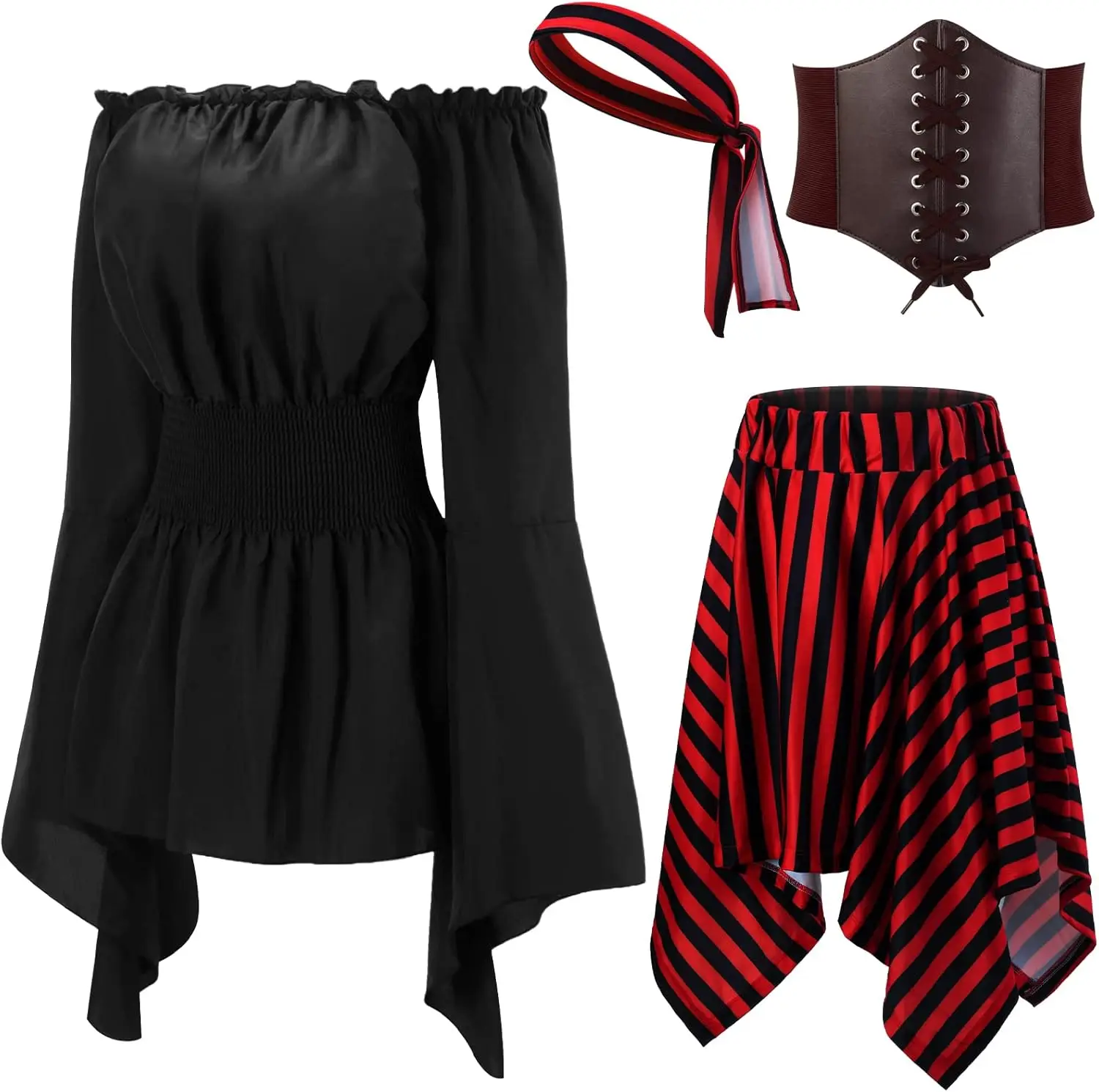 Halloween Womens Pirate Costume Renaissance Pirate Blouse Tops Corset Waist Belt Pirate Skirt for Halloween Party 4 Pcs - Image 10
