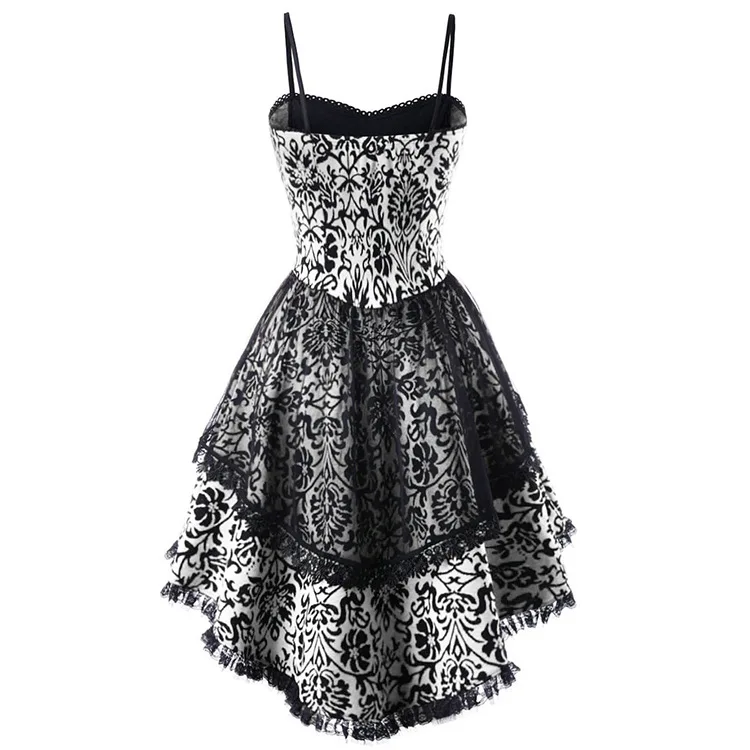 Gothic Red Black Floral Lace-Up Corset Dress | High Low Tulle Hem Spaghetti Strap Party Dress - Image 3