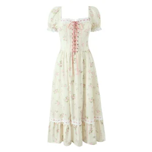 Women Ribbon Embroidered Lace Kapok Diary Corset Maxi Dress
