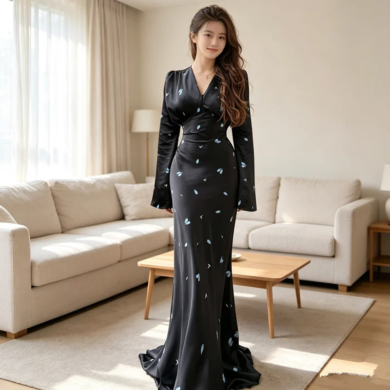 Floral Print Corset Party Evening Long Dress V Neck Ruched Waist Glossy Satin Swing Mermaid Guest Cocktail Maxi Dress - Image 4