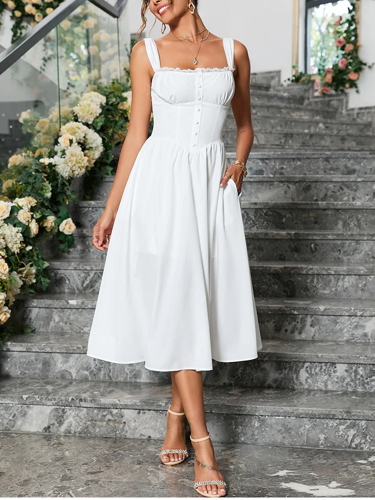 White Corset Dress Women's Square Neck Back Lace Up Flowy A-Line Midi Dress - Image 3