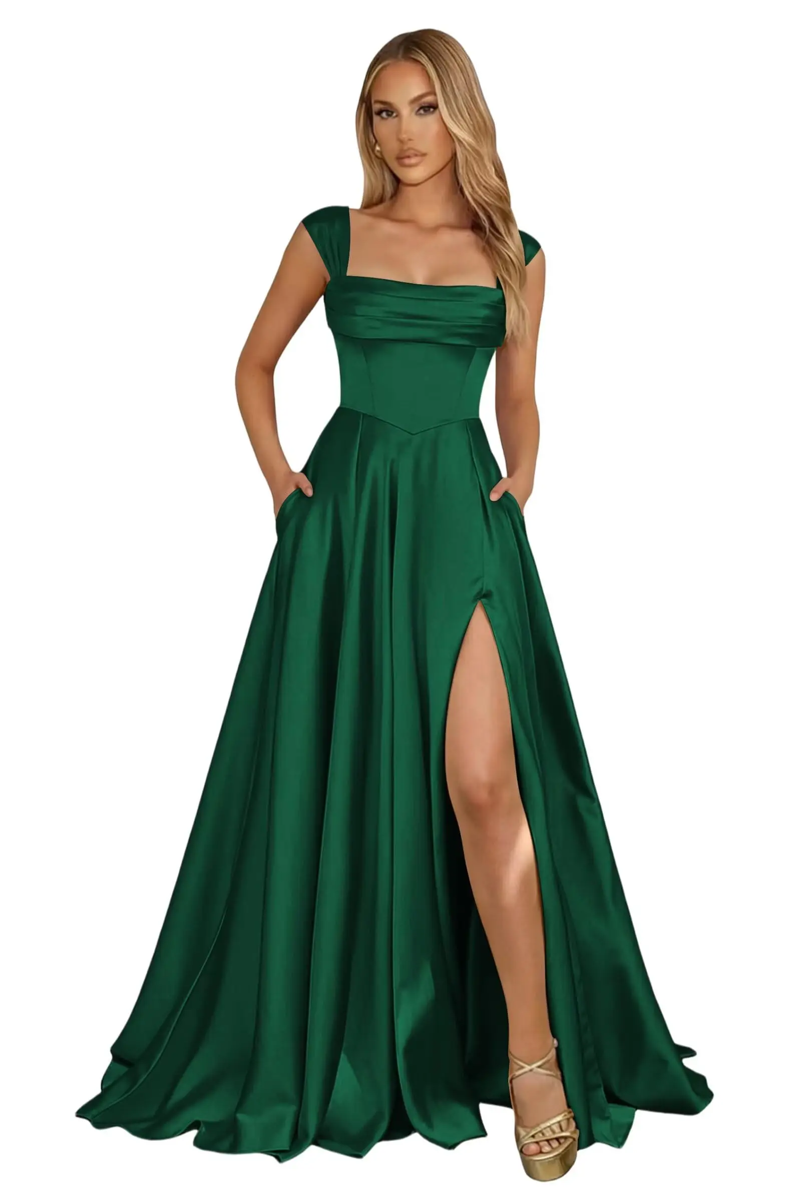 Corset Satin Square Neck Prom Dresses for Women Corset Ruched Formal Evening Party Gowns with Slit - Image 12