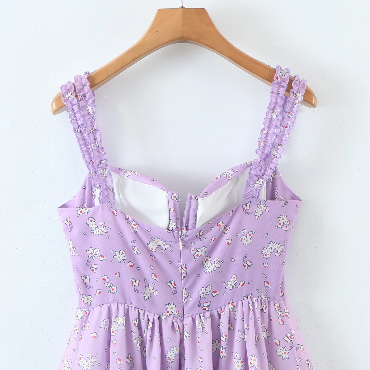 Women Slit Bra Corset Purple Floral Print Double Wood Ears Strap Dress Chiffon Spliced Ruffle Hem Cake Mini Holiday Robe - Image 19