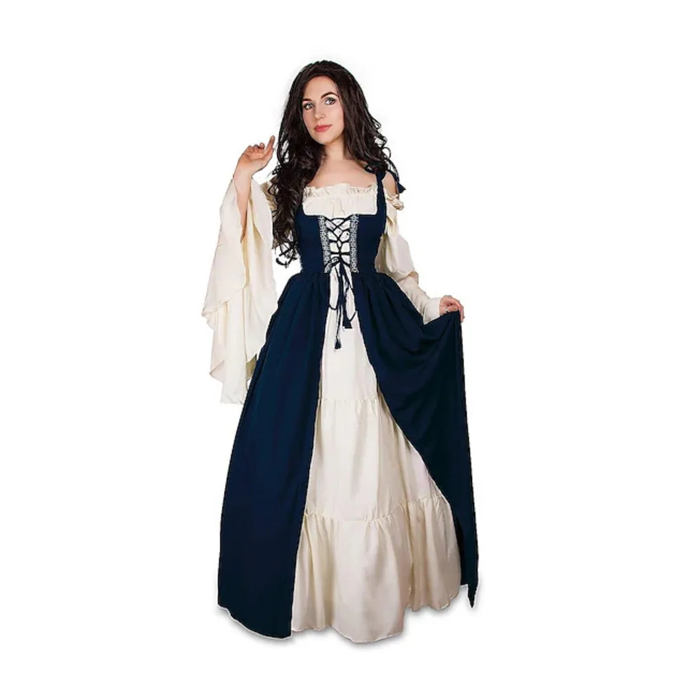 Medieval Court Style Long Sleeve Corset Dress with Off-Shoulder Batwing Sleeves and Flared Long Skirt