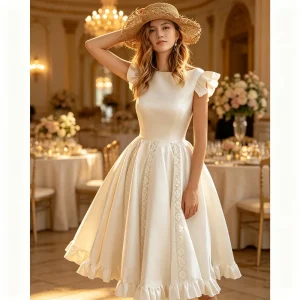 Vintage Elegant Party Evening A Line Swing Midi Dress Women Lace Corset Fitted Satin Flowy Beach Wedding Guest Dress