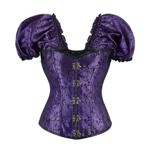 Glue Bones Puff Sleeve Overbust Corset for Women Short Sleeved Jacquard Corsets Retro Metal Rotating Buckle Corselet