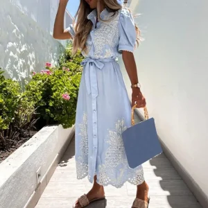 Elegant Single Breasted Puff Sleeve Maxi Dress Vestidos Bohemian Sundress