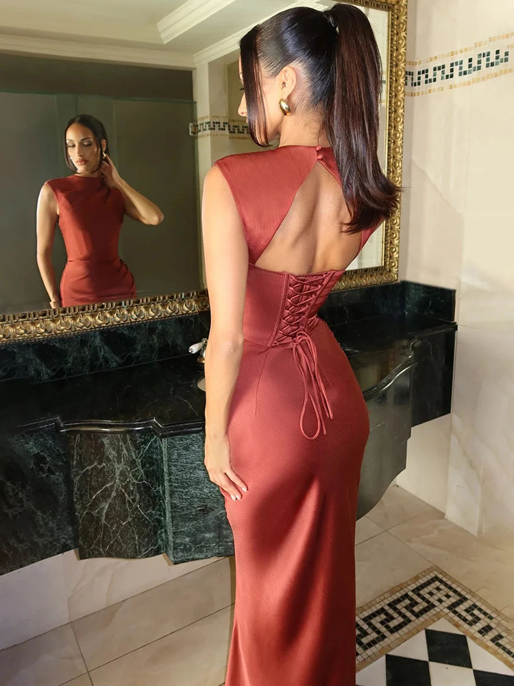 Satin Cowl Neck Mermaid Maxi Dress Women Elegant Sleeveless Draped Ruched Bodycon Long Evening Party Gown Vestidos - Image 2