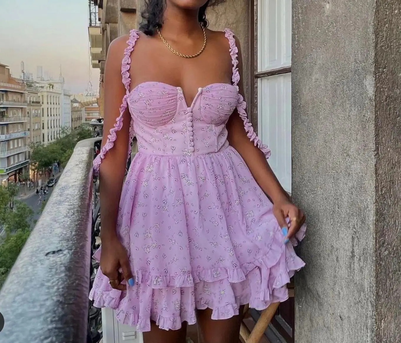Women Slit Bra Corset Purple Floral Print Double Wood Ears Strap Dress Chiffon Spliced Ruffle Hem Cake Mini Holiday Robe - Image 10