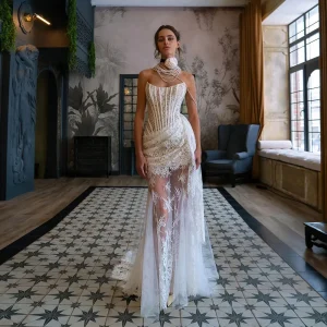 Strapless Corset Sheer Lace Wedding Dress Mermaid Bridal Gown