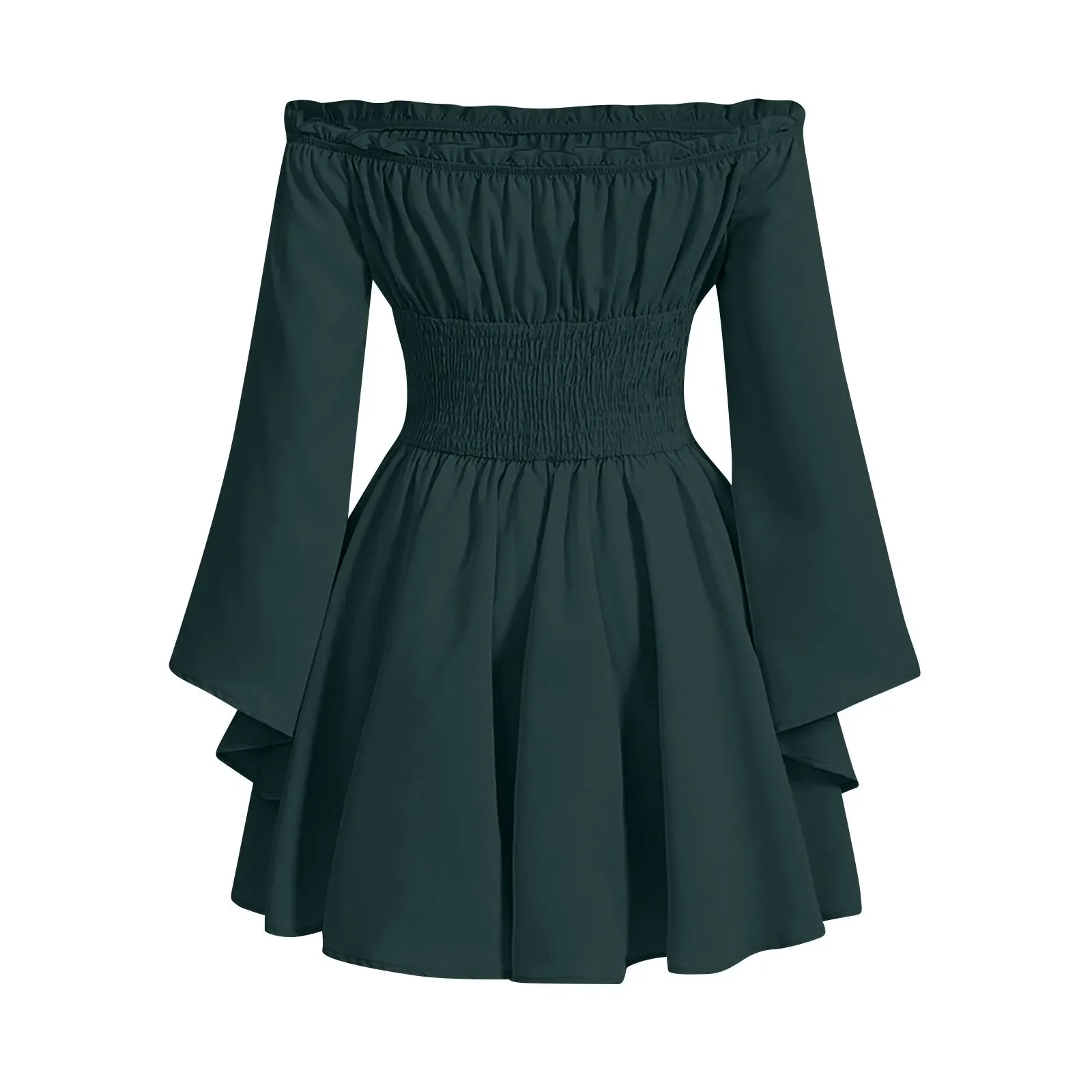 Women Rens Faire Cosplay Off Shoulder Mini Dress Medieval Renaissance Dress with Bell Sleeves Corset Waist Pixie Dress - Image 9