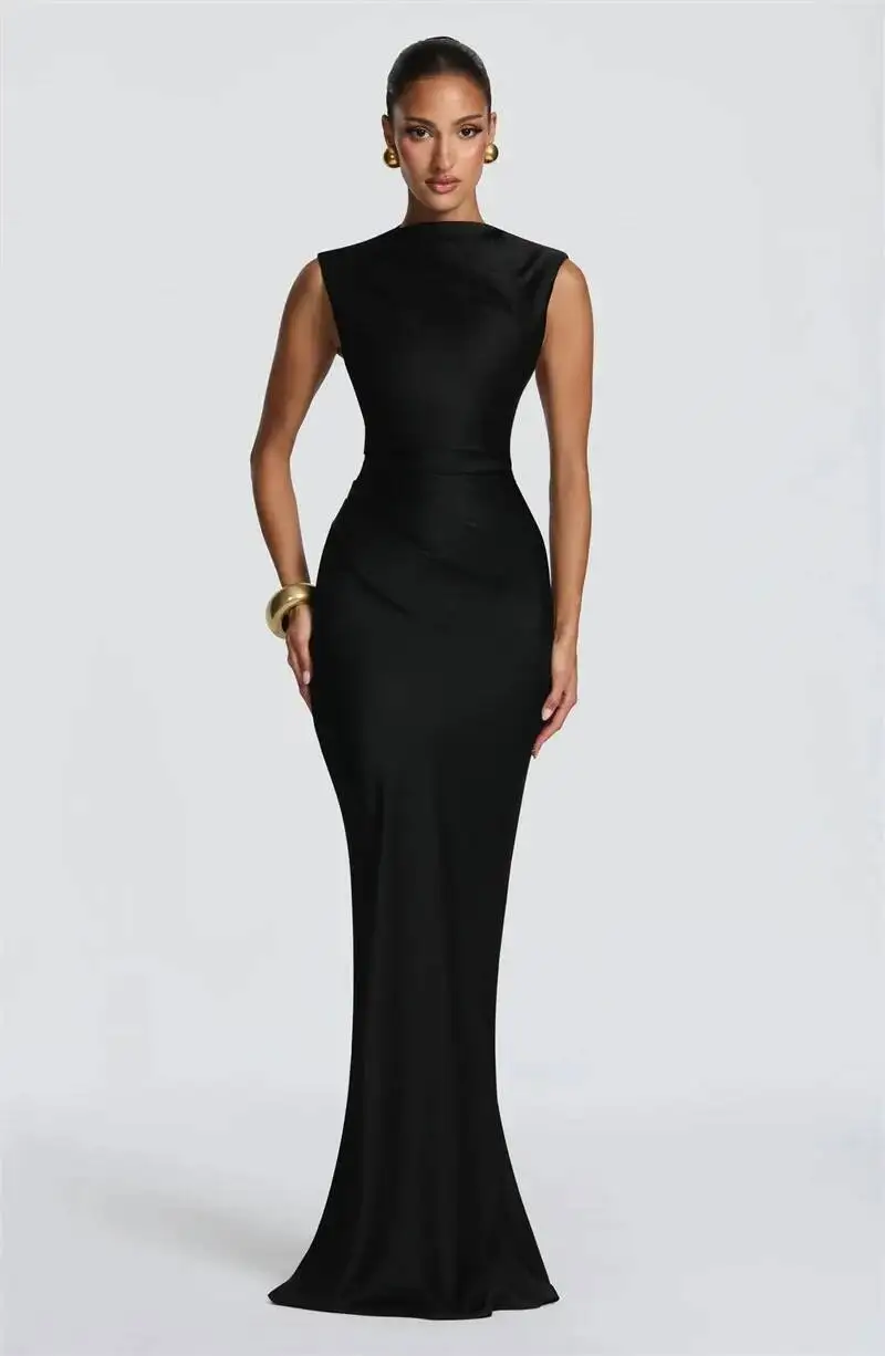 Satin Cowl Neck Mermaid Maxi Dress Women Elegant Sleeveless Draped Ruched Bodycon Long Evening Party Gown Vestidos - Image 17