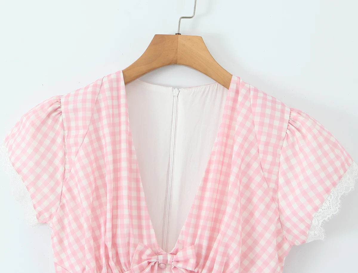 Pink Plaid Spliced White Lace Corset Style Mini Dress Women V Collar Short Sleeve Low Waist Ball Gown Swing Party Robe - Image 8