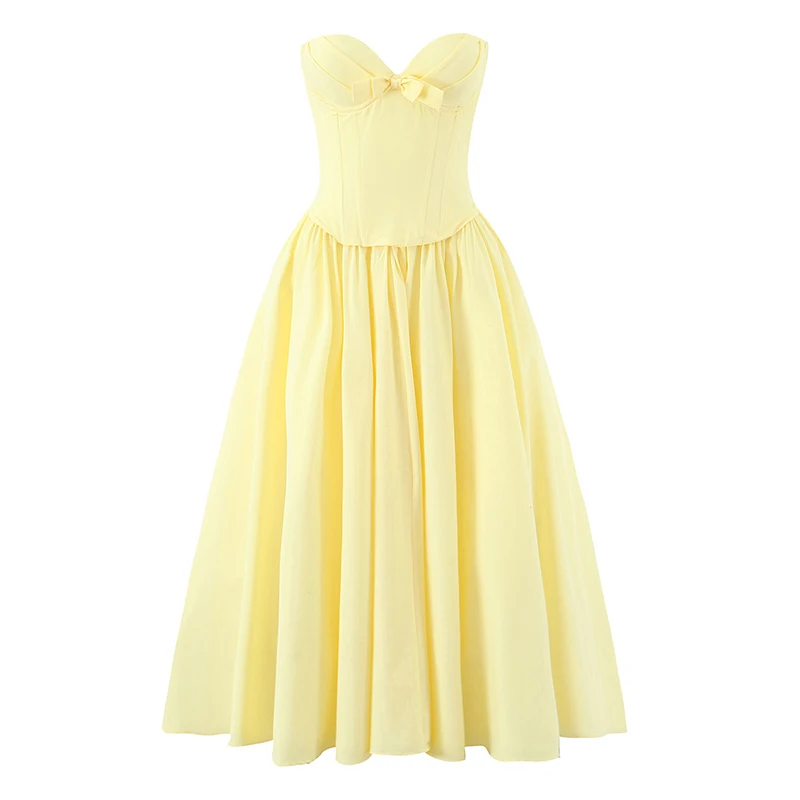 Strapless Bow Elegant Evening Party Dresses For Women Lace Up Bandage Back Ball Gown Yellow Dress Christmas Robe - Image 3