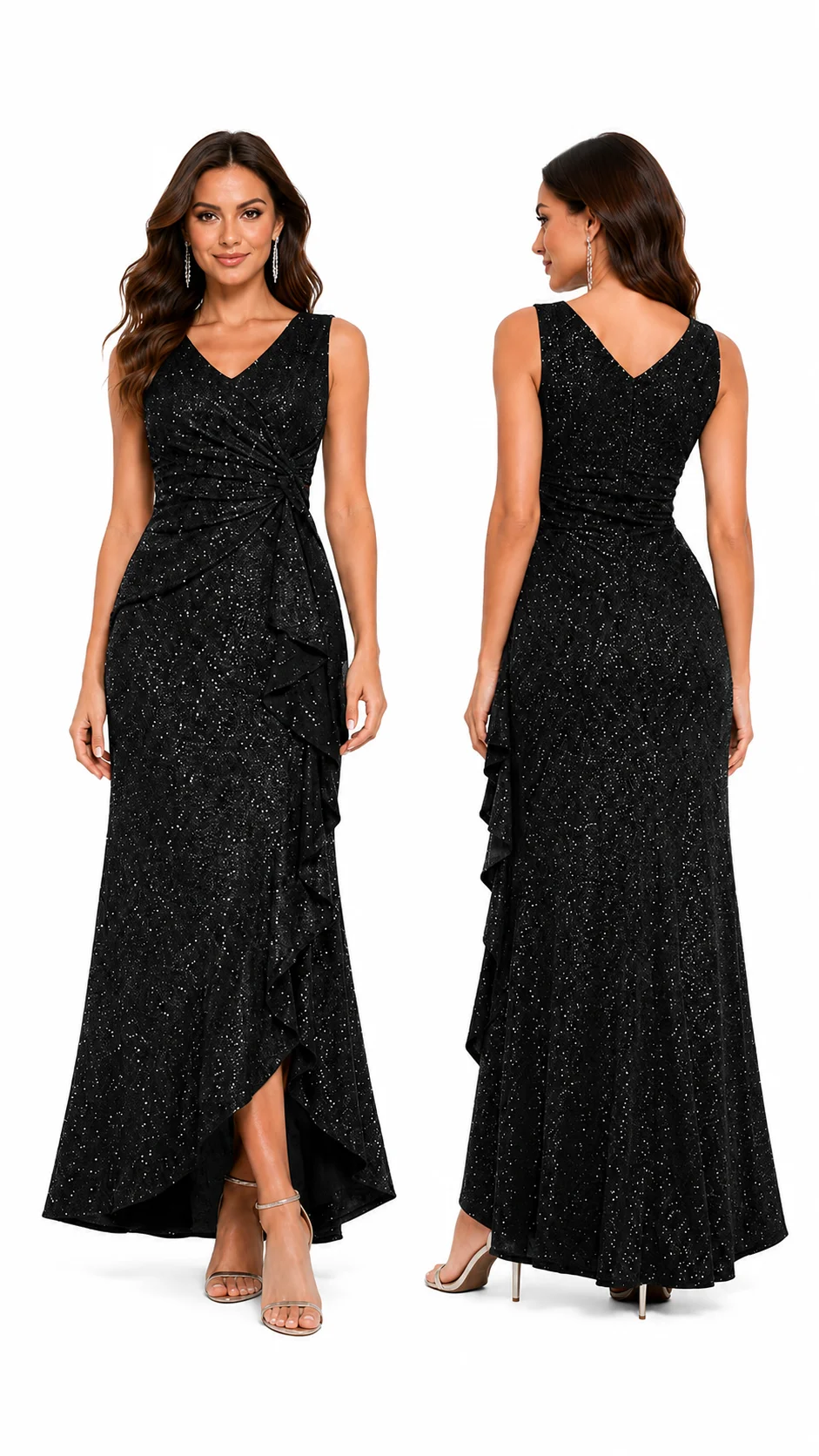 Women's Sparkly Glitter Sleeveless V Neck Maxi Dress, Twist Waist Ruffle Split Mermaid Formal Evening Gown, Wrap Ruched Wedding Guest Cocktail Party Prom Long Dress - Image 2