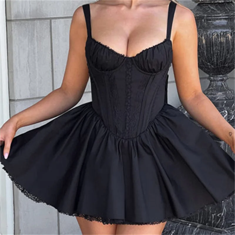 Bustier Corset Mini Dress Lace Trim Big Bow Tie Up Aline Ruffle Sundress White Graduation Party Dress Streetwear - Image 12