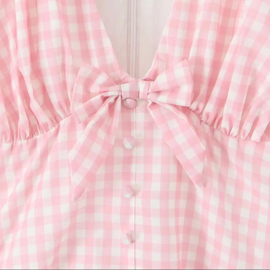 Pink Plaid Spliced White Lace Corset Style Mini Dress Women V Collar Short Sleeve Low Waist Ball Gown Swing Party Robe - Image 5