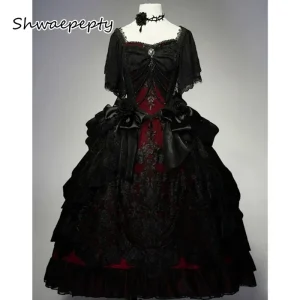 Burgundy And Black Gothic Vampire Wedding Dresses Floor Length Vintage Lace Women Dress Short Sleeves Beading Corset