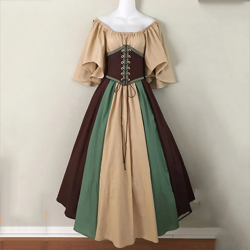 Medieval Renaissance Gothic Gown Women Off Shoulder Patchwork Contrast Slim Vintage Halloween Dress European American Costume - Image 3