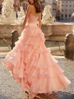 Pink Satin Corset Prom Dress Strapless 3DLace Applique Boned Bustier Multi Layer Ruffle Chiffon Long Formal Evening Wedding Gown
