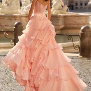 Pink Satin Corset Prom Dress Strapless 3DLace Applique Boned Bustier Multi Layer Ruffle Chiffon Long Formal Evening Wedding Gown