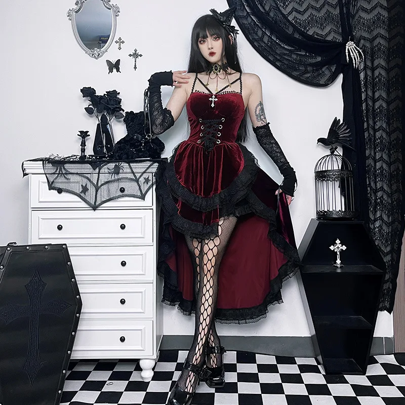 High Low Cut Swallow Tail Lace Bodice Dress Strap Y2K Corset Bustier Women Sexy Dark Gothic Costume Sling Strap Sleeveless Dress - Image 10