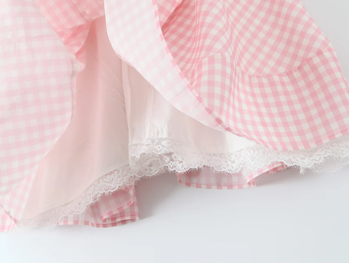 Pink Plaid Spliced White Lace Corset Style Mini Dress Women V Collar Short Sleeve Low Waist Ball Gown Swing Party Robe - Image 16
