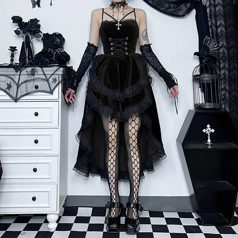 High Low Cut Swallow Tail Lace Bodice Dress Strap Y2K Corset Bustier Women Sexy Dark Gothic Costume Sling Strap Sleeveless Dress - Image 6