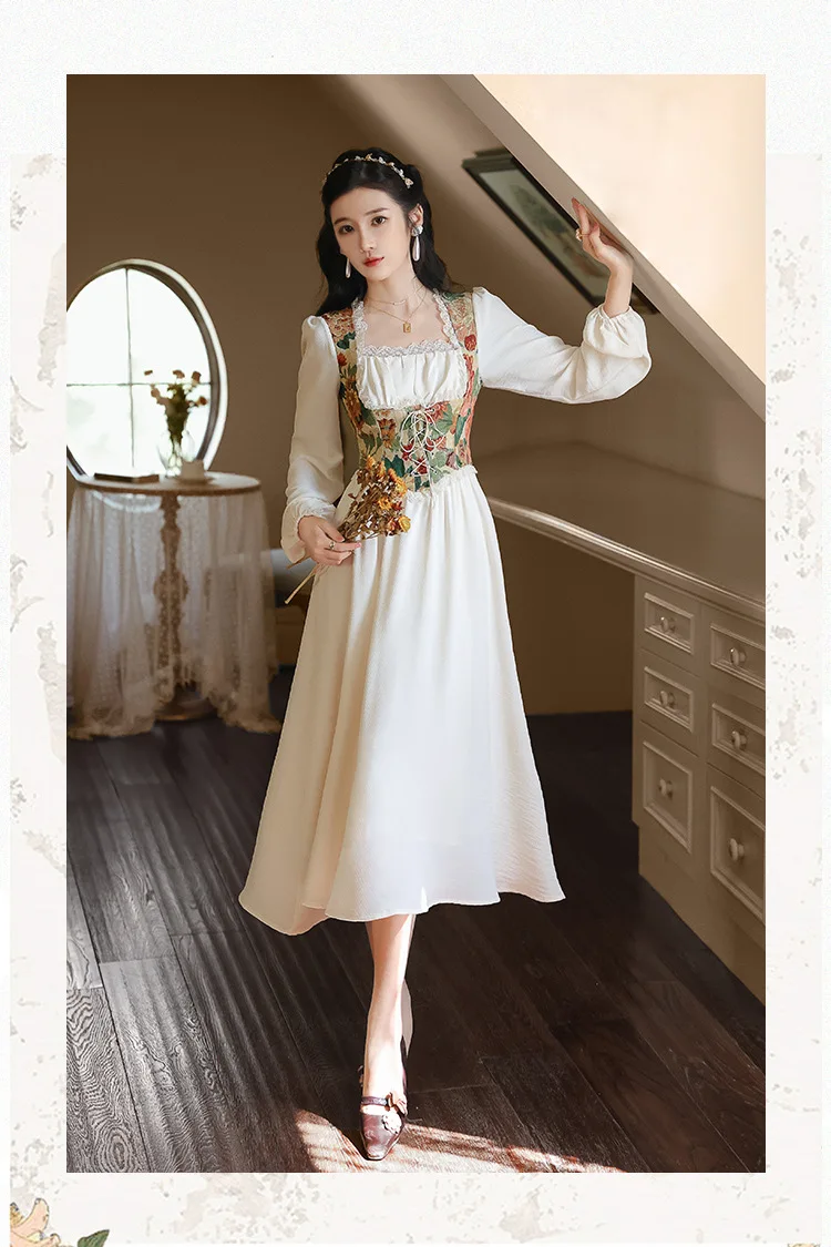 Elegant Cottage Style Princess Dresses Woman Vintage Chic Painting Corset Dress - Image 10
