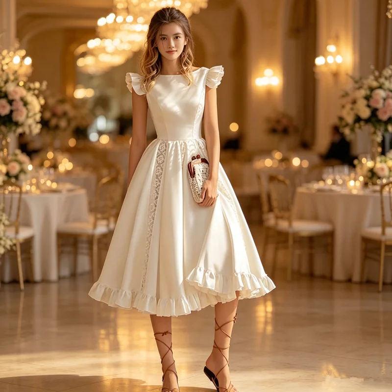 Vintage Elegant Party Evening A Line Swing Midi Dress Women Lace Corset Fitted Satin Flowy Beach Wedding Guest Dress - Image 2
