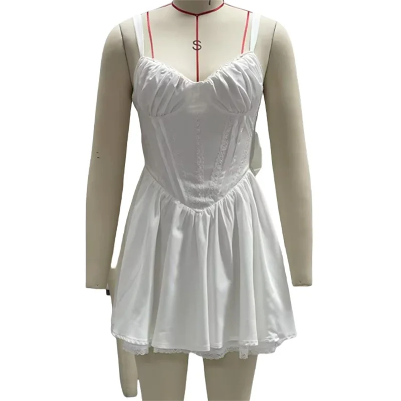 Bustier Corset Mini Dress Lace Trim Big Bow Tie Up Aline Ruffle Sundress White Graduation Party Dress Streetwear - Image 8
